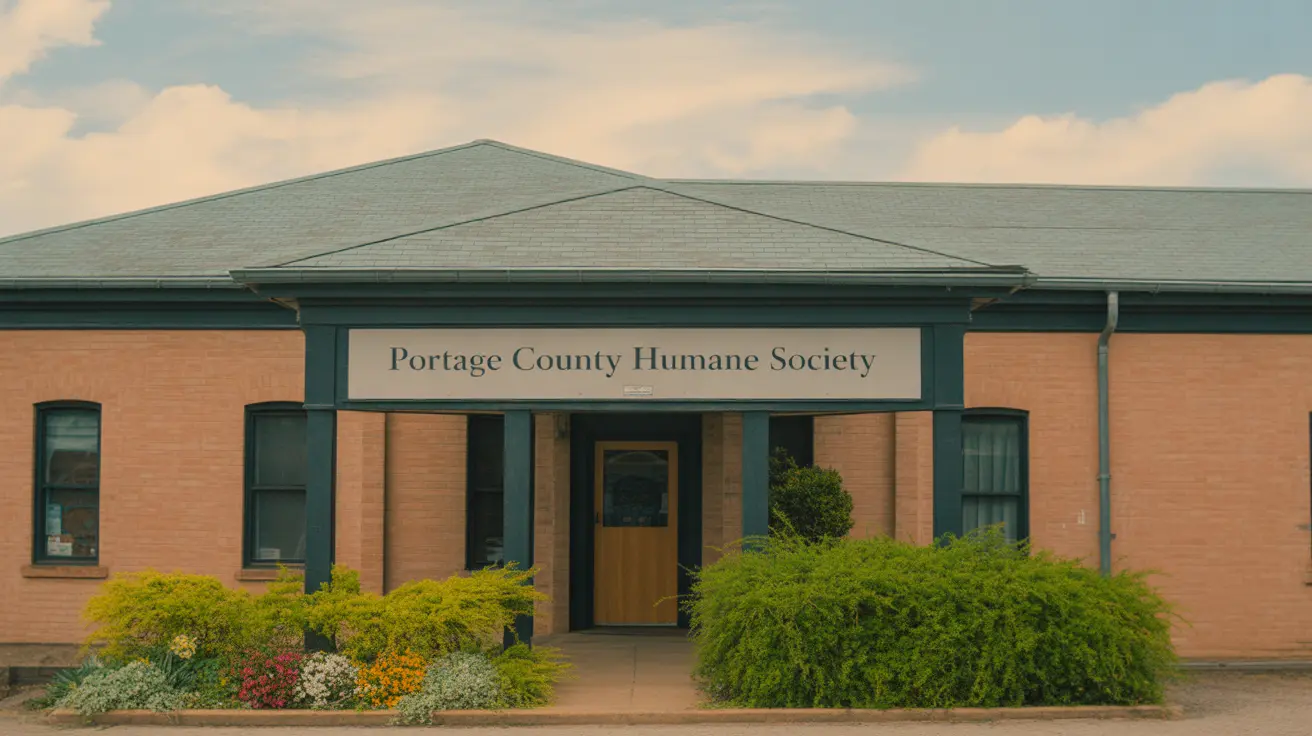 Beige donation bin outside Portage County Humane Society front glass door in Plover, Wisconsin