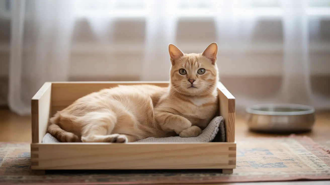 A pregnant cat resting calmly in a quiet foster home environment
