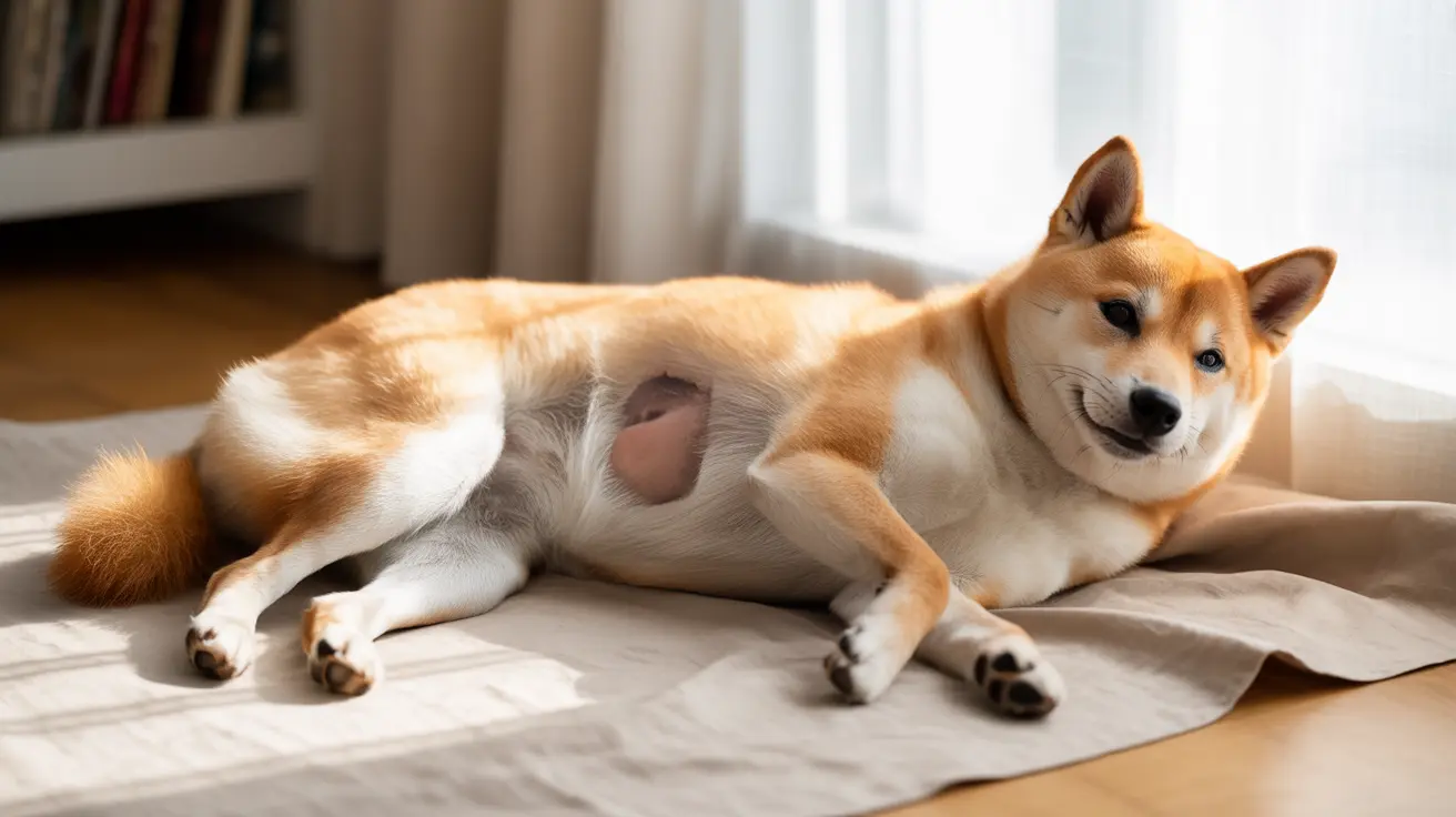 A pregnant Shiba Inu dog resting comfortably on a soft beige blanket near a window.