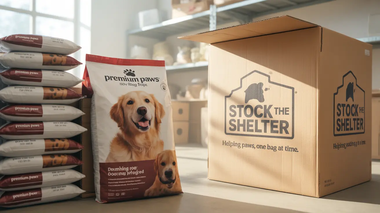 Área de armazenamento de ração para pets com sacos Premium Paws para cães ilustrados com Golden Retriever e caixas de doação da campanha Stock the Shelter