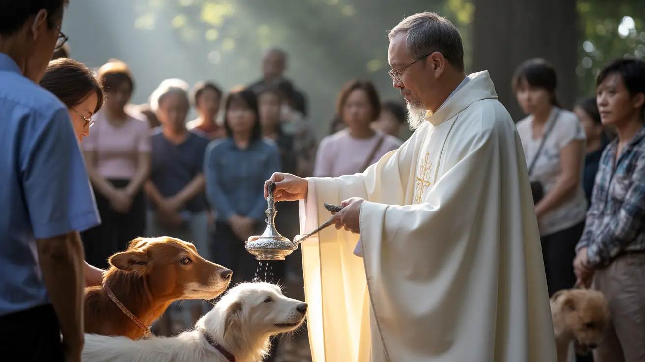 Father Kien Kieu blessing a group of diverse animals including dogs, puppies, a lamb, and rabbits at Sacred Heart Church