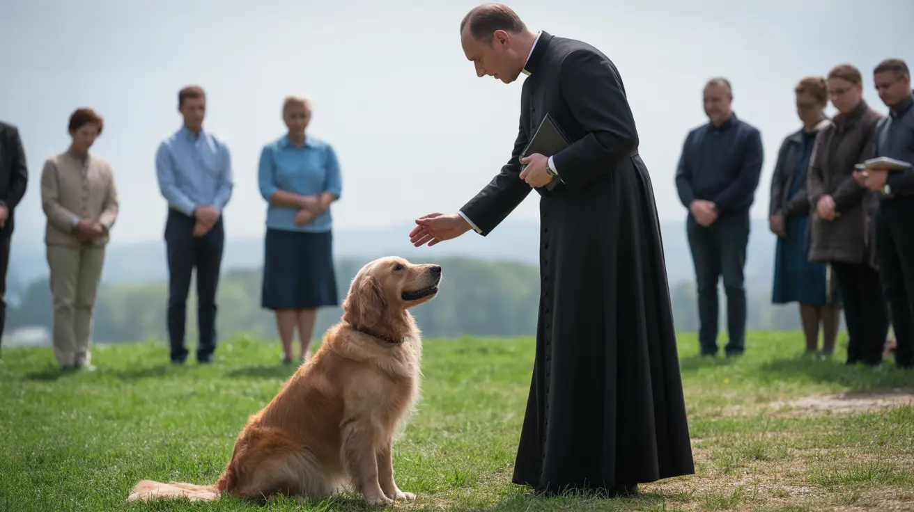 Families with dogs and cats gathered outdoors at a church for the Blessing of the Animals ceremony