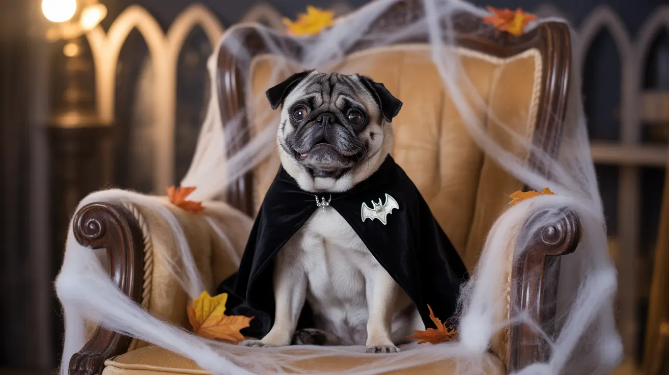 A pug dog dressed in a black bat-themed Halloween costume sitting on an ornate chair surrounded by cobwebs and autumn leaves.