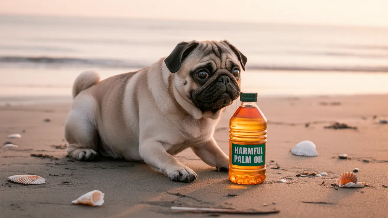 A fawn-colored pug sitting on a sandy beach with a bottle of palm oil labeled 'Harmful Palm Oil'