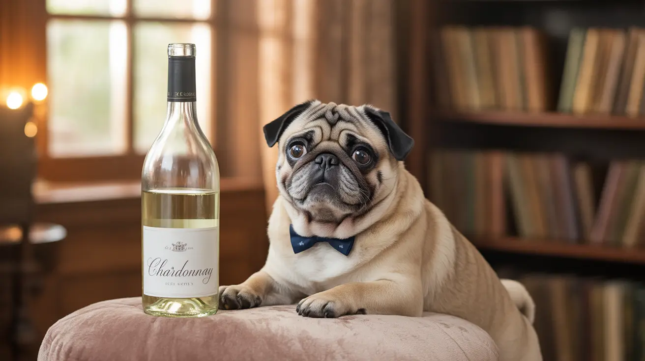 A pug wearing a navy blue bow tie sits next to a bottle of Chardonnay on a pink velvet ottoman, with bookshelves in the background.