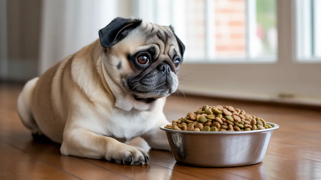 室内の木製の床の上で、満杯のドライフードのボウルの隣に注意深く座っているパグ
