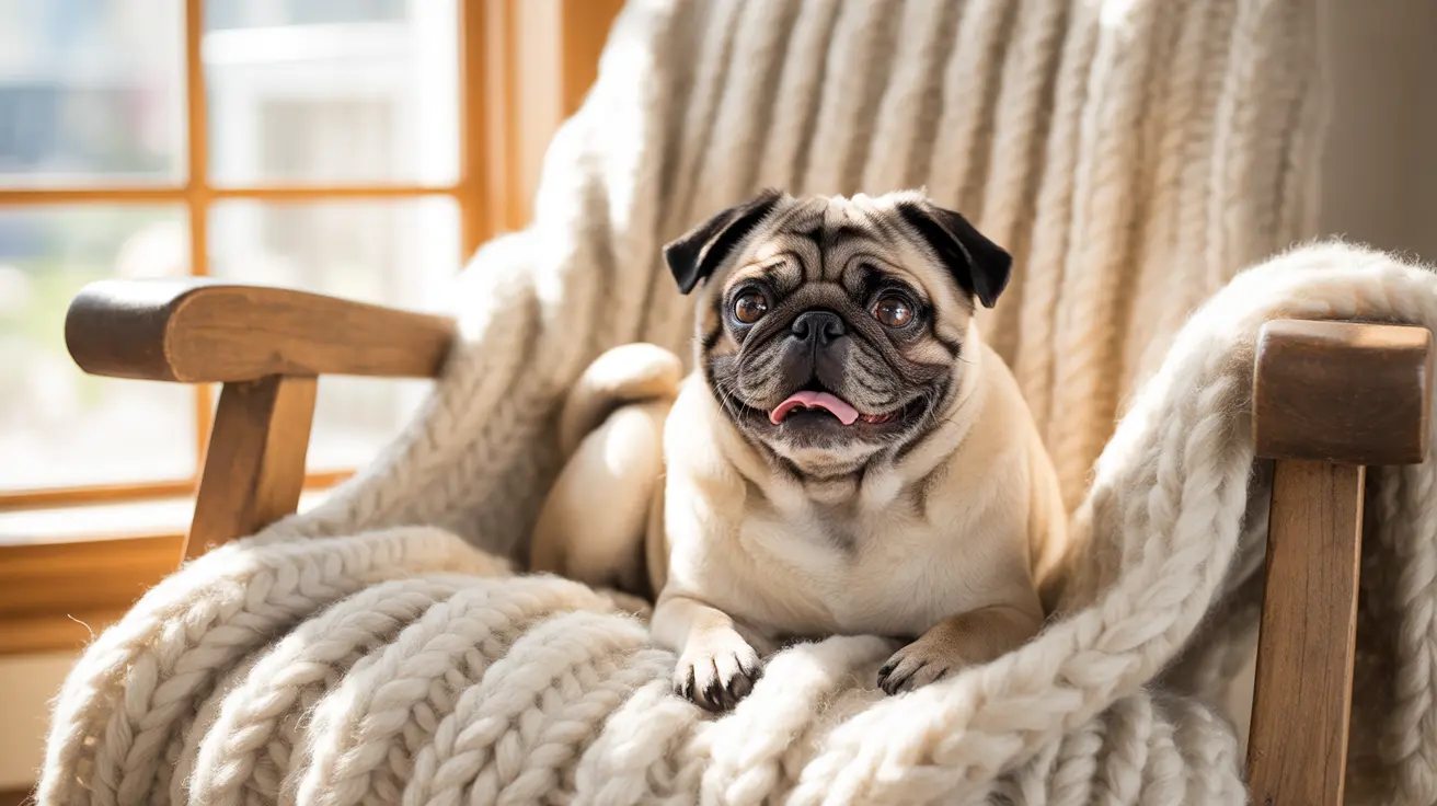 A cute pug sitting comfortably on a chunky knit blanket in a cozy indoor setting