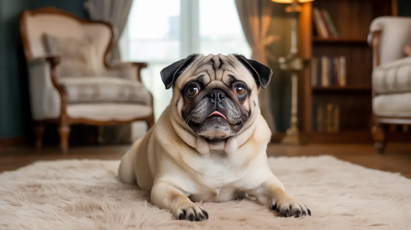 A relaxed pug lying on a fluffy rug in a cozy living room