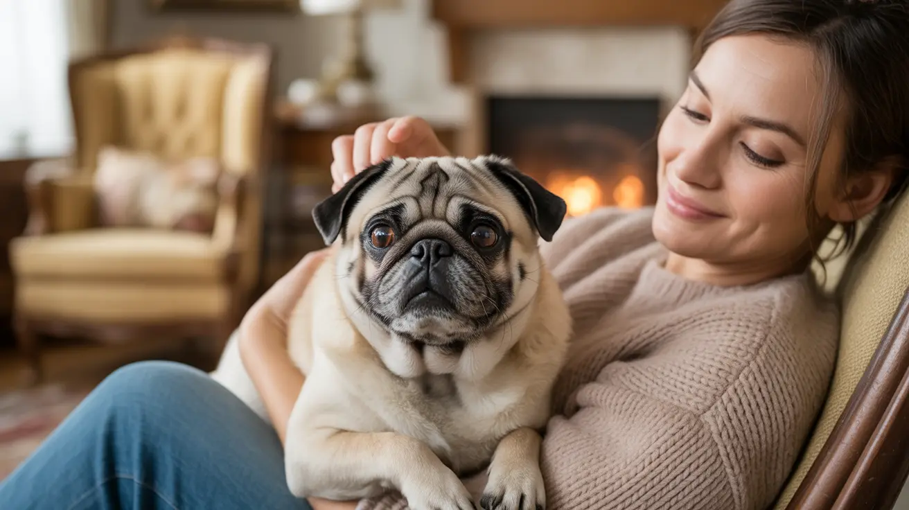 A cozy moment between a Pug and a person sitting by a fireplace