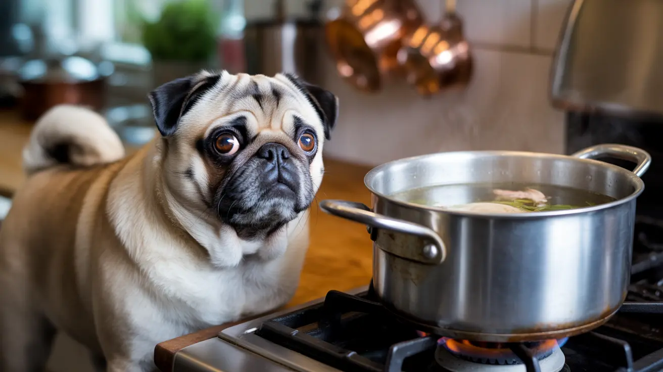 A Pug sitting attentively next to a pot on a stove, looking with wide, curious eyes