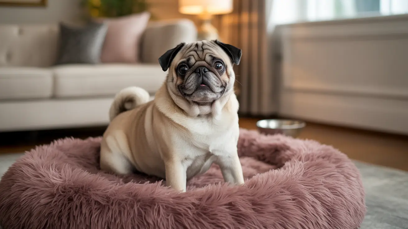 Fawn-colored pug sitting alertly on a soft pink fuzzy dog bed in a cozy living room