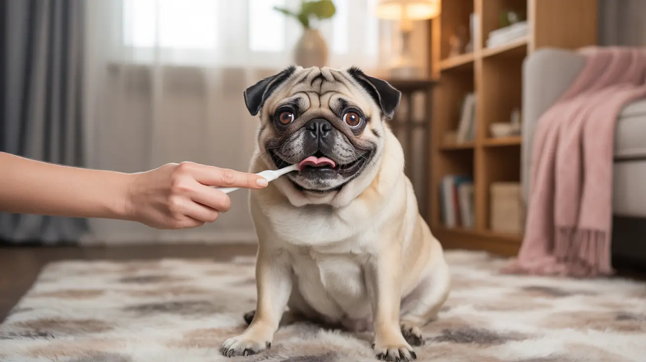 A calm pug receiving dental care with a toothbrush from a human hand in a cozy living room