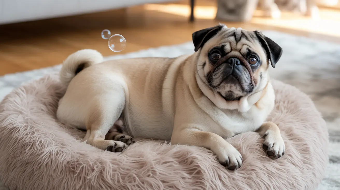 Pug resting on fluffy pink dog bed watching a floating soap bubble indoors