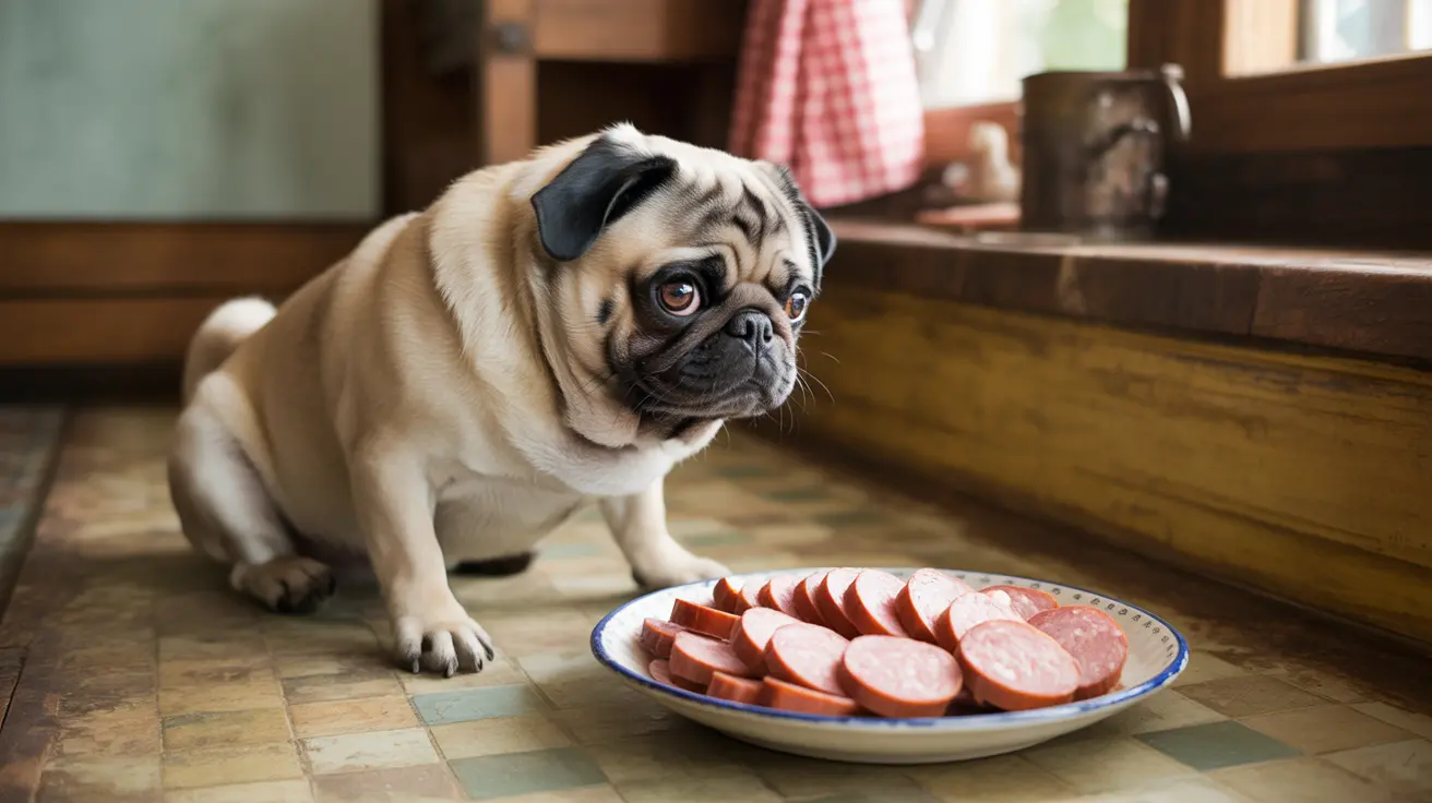 A fawn-colored Pug sitting next to a plate of sliced sausages, looking longingly at the food.