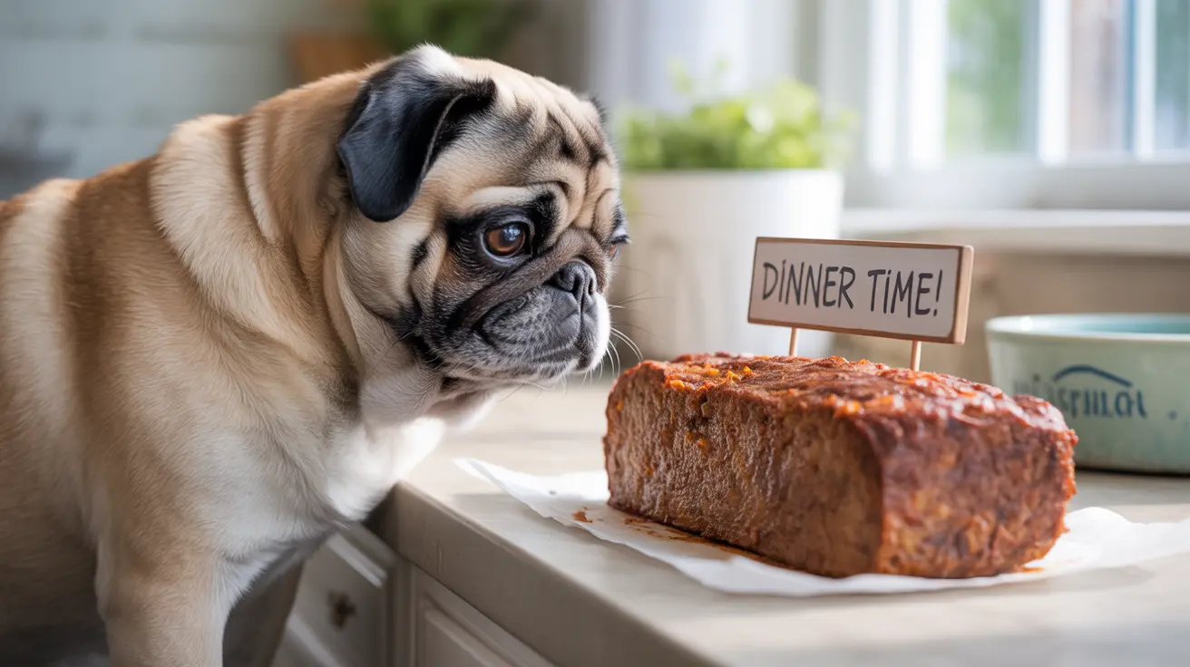 A cute pug dog staring intently at a large meatloaf with a 'Dinner Time!' sign next to it