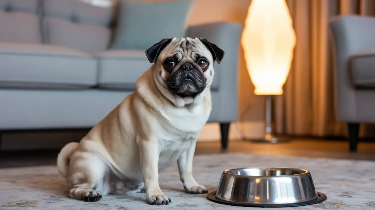A fawn-colored pug sitting attentively on a rug next to an empty metal food bowl