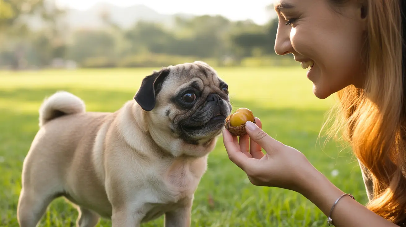 A Pug dog being offered a treat by a smiling person in a grassy outdoor setting
