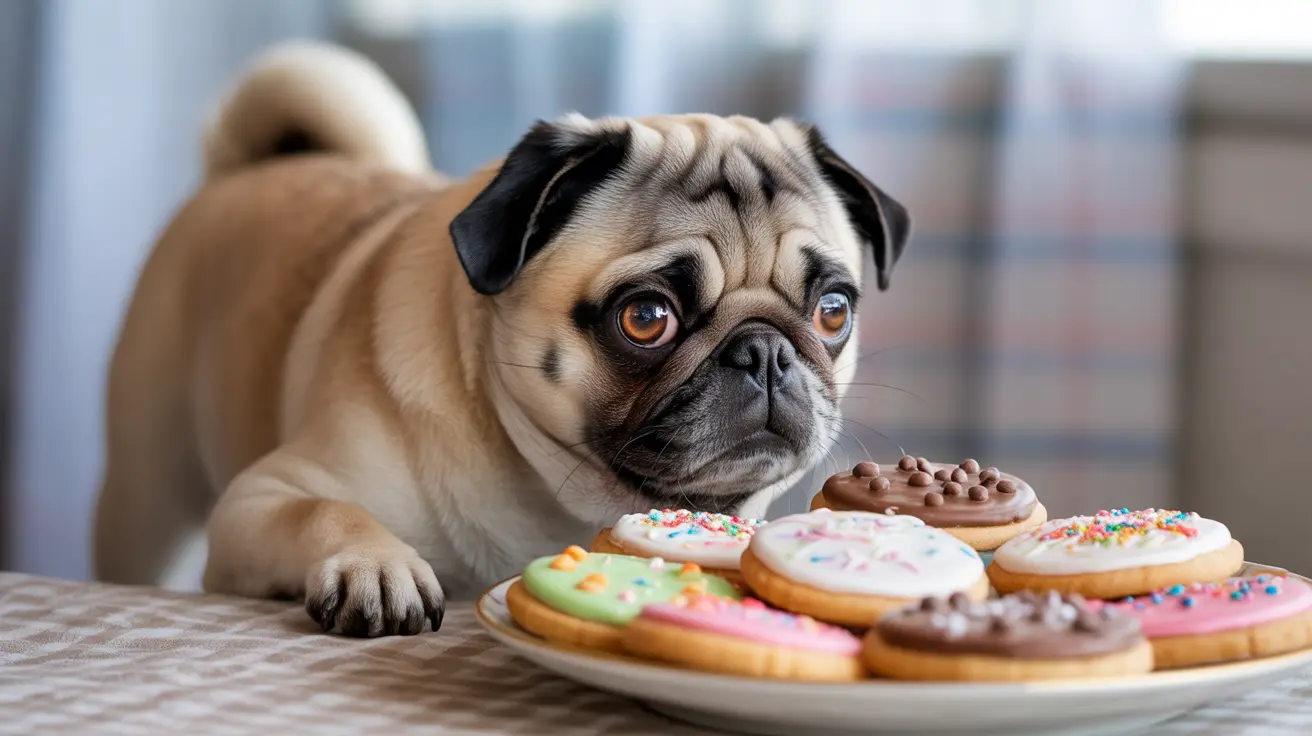 Pug sitting at table looking longingly at a plate of colorful frosted donuts