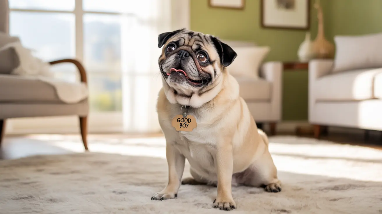 Un encantador pug con una etiqueta de 'BUEN CHICO' se sienta en una suave alfombra en una sala de estar bien iluminada.