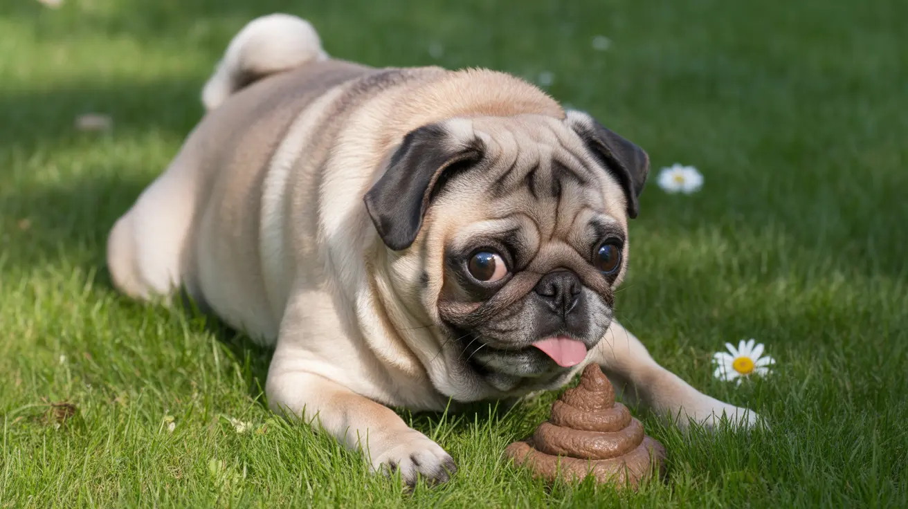 A fawn-colored Pug sitting on green grass with a playful expression and tongue out, next to a dog toy