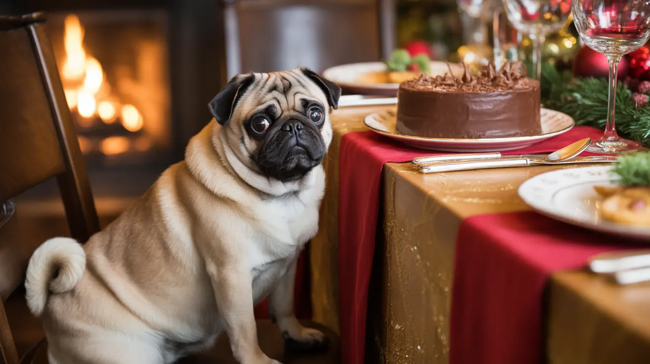 Fawn-colored pug sitting attentively beside holiday dining table with chocolate cake and festive decorations