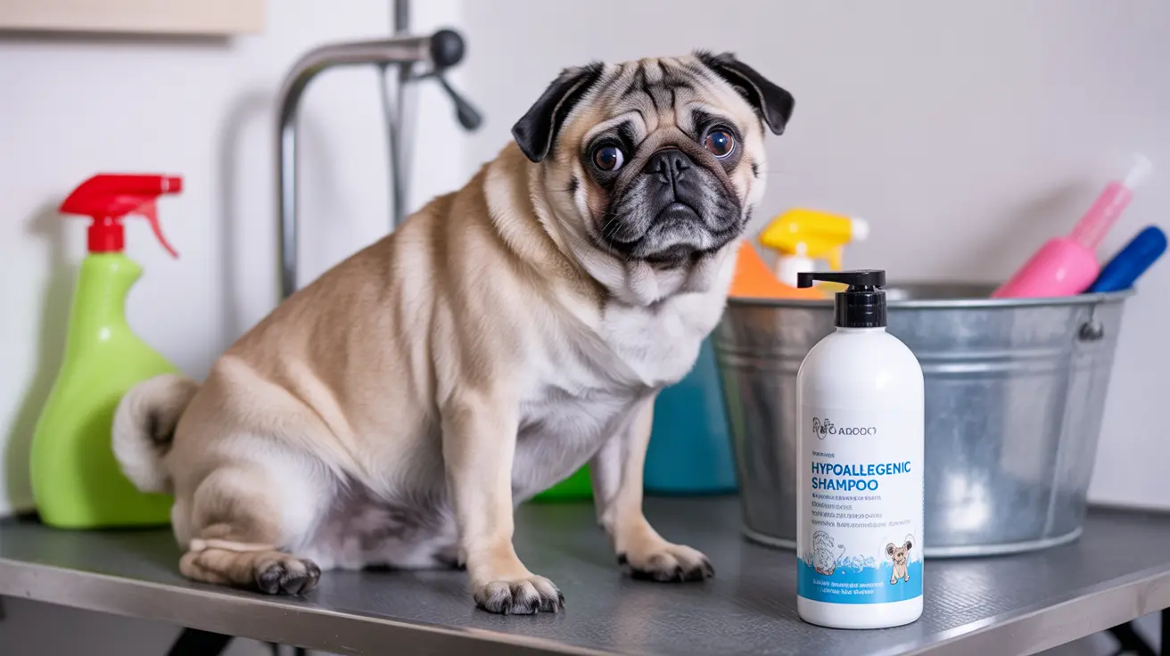A Pug sitting on a metal table next to a bottle of hypoallergenic dog shampoo, surrounded by cleaning supplies