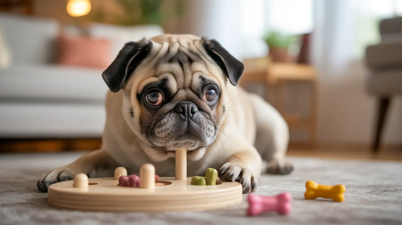 A cute pug playing with an interactive wooden puzzle toy on a soft carpet inside a cozy living room