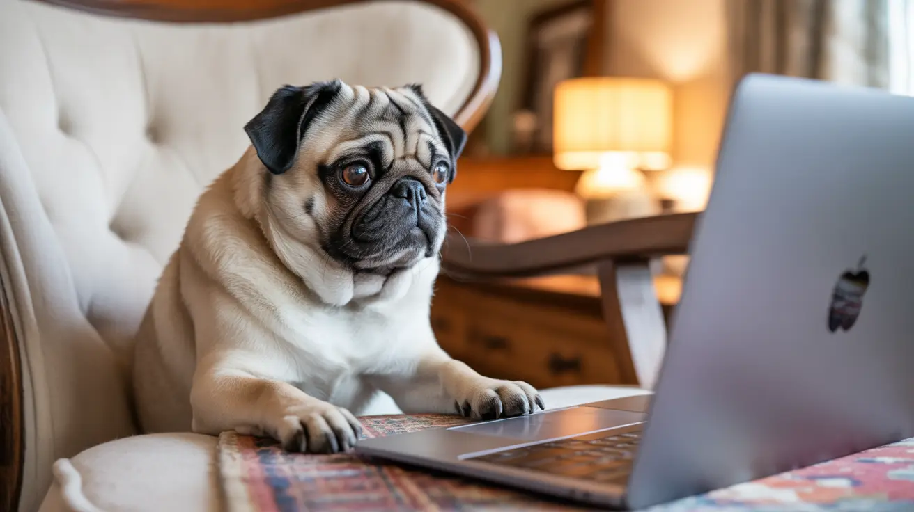 A pug sitting on a plush chair and working on a laptop with a serious expression