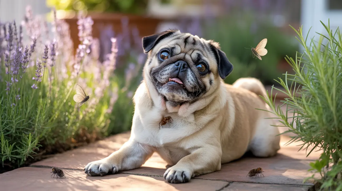 A charming pug sitting on a stone pathway surrounded by lavender and rosemary plants with butterflies and flies nearby