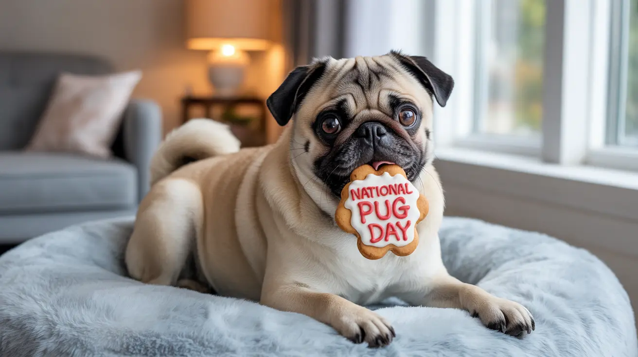 A cute pug holding a 'National Pug Day' cookie in its mouth while sitting on a soft blue pet bed