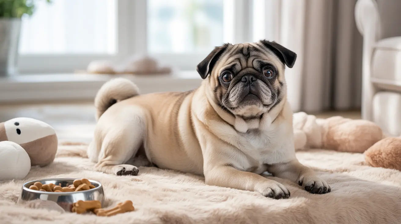 A fawn-colored Pug sitting on a soft beige blanket with dog treats and toys nearby