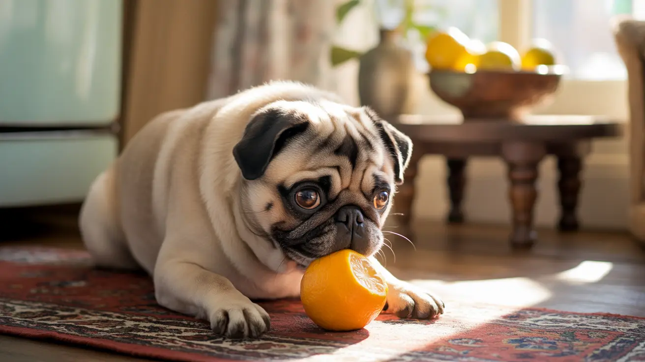 Fawn-colored pug on a patterned rug with an orange next to its face