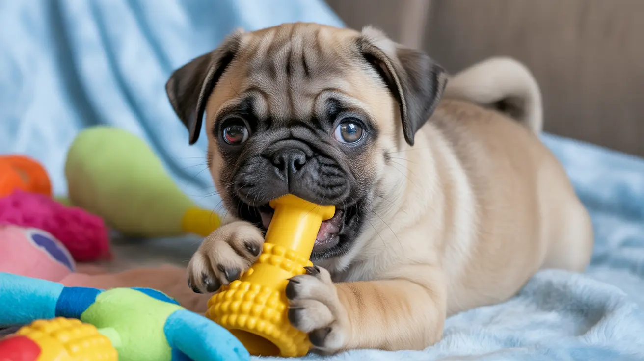 Young pug puppy chewing yellow rubber toy on soft blanket with colorful toys around
