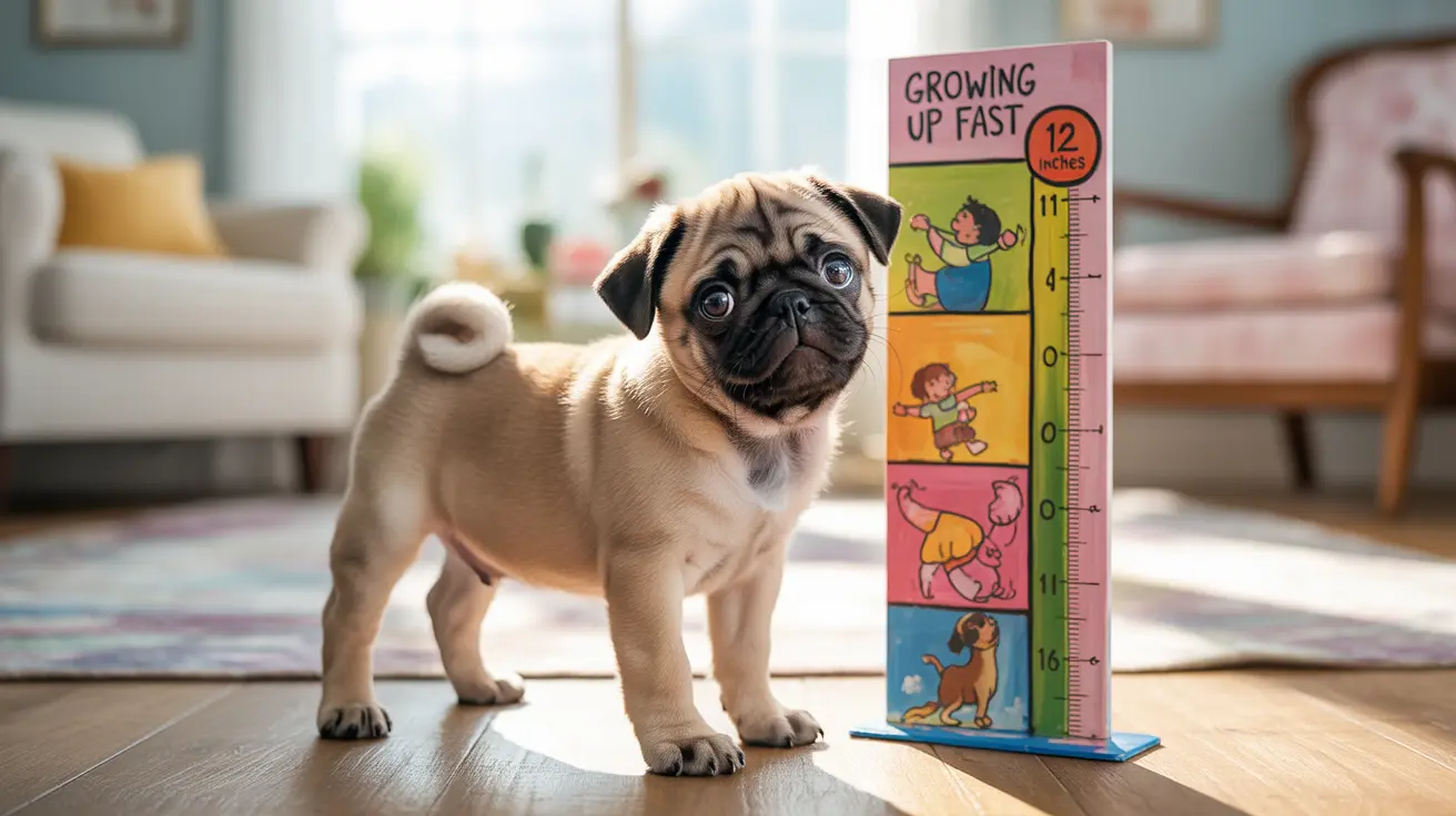 A young pug puppy standing next to a colorful growth chart measuring 12 inches