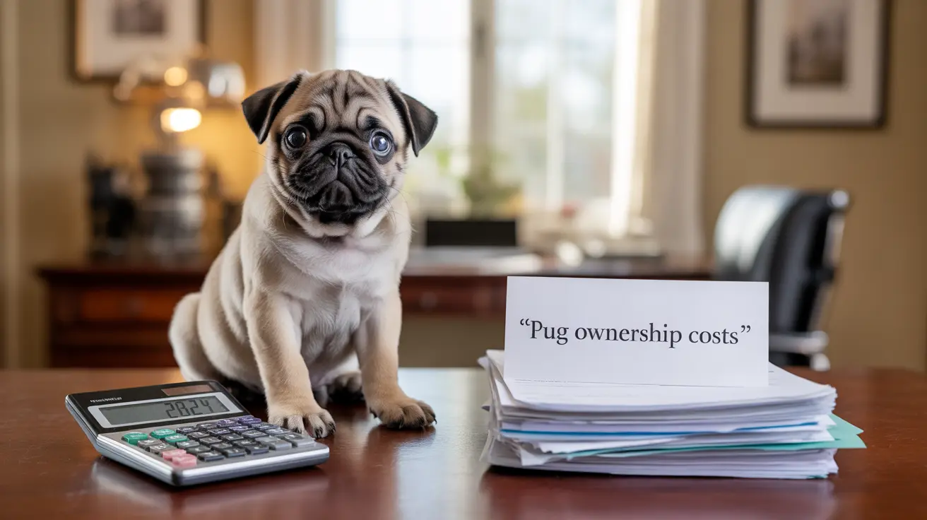 A young pug puppy sitting next to a calculator and papers with a 'Pug ownership costs' sign