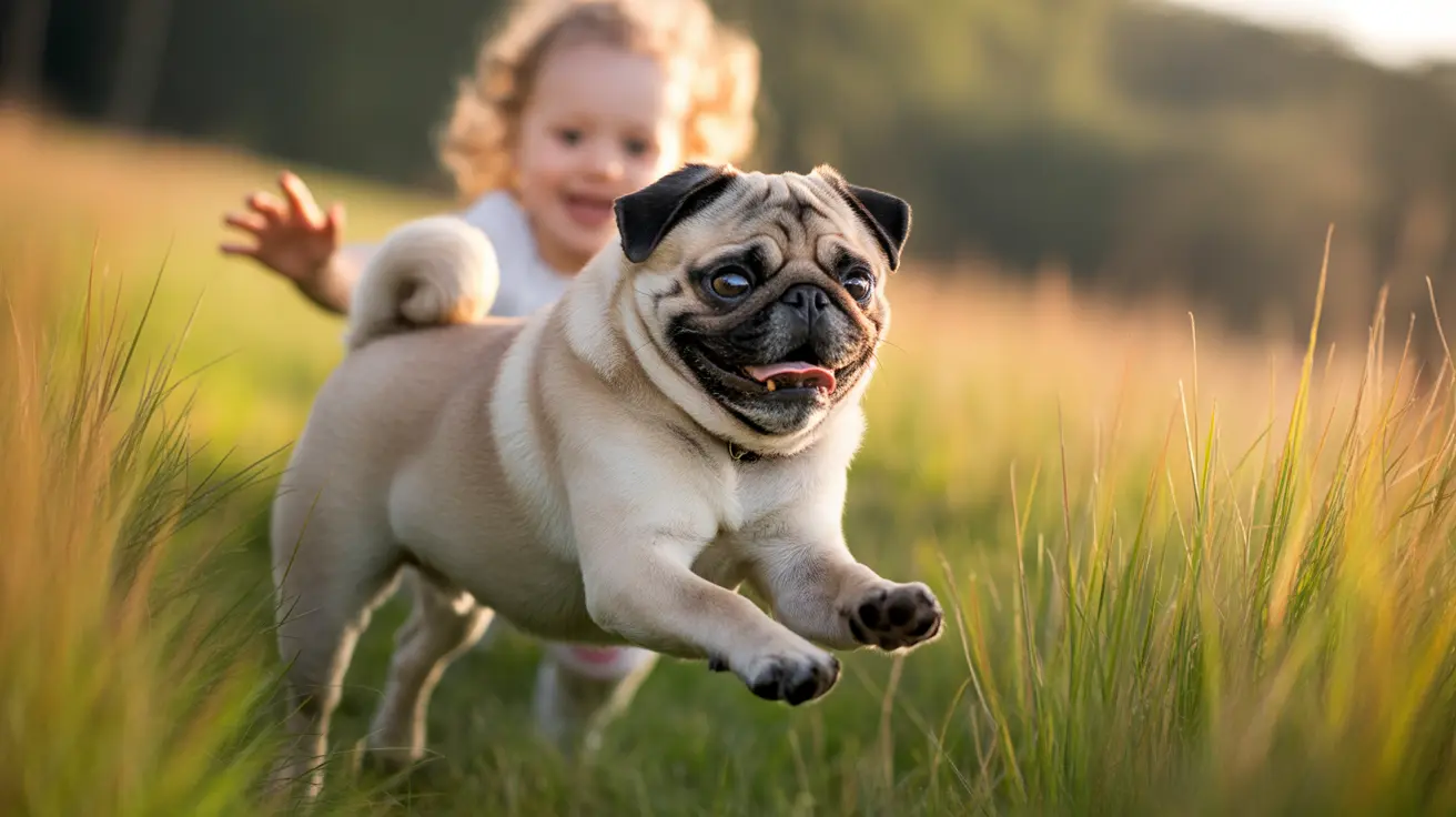 A pug running energetically through tall grass with a smiling child in the background