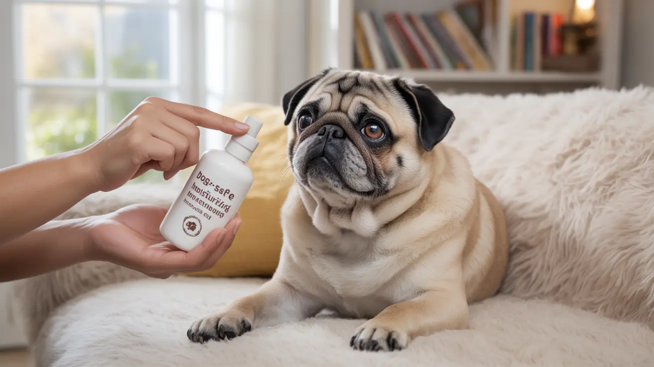 A pug dog sitting on a fluffy white blanket with a person holding a moisturizing product near the dog
