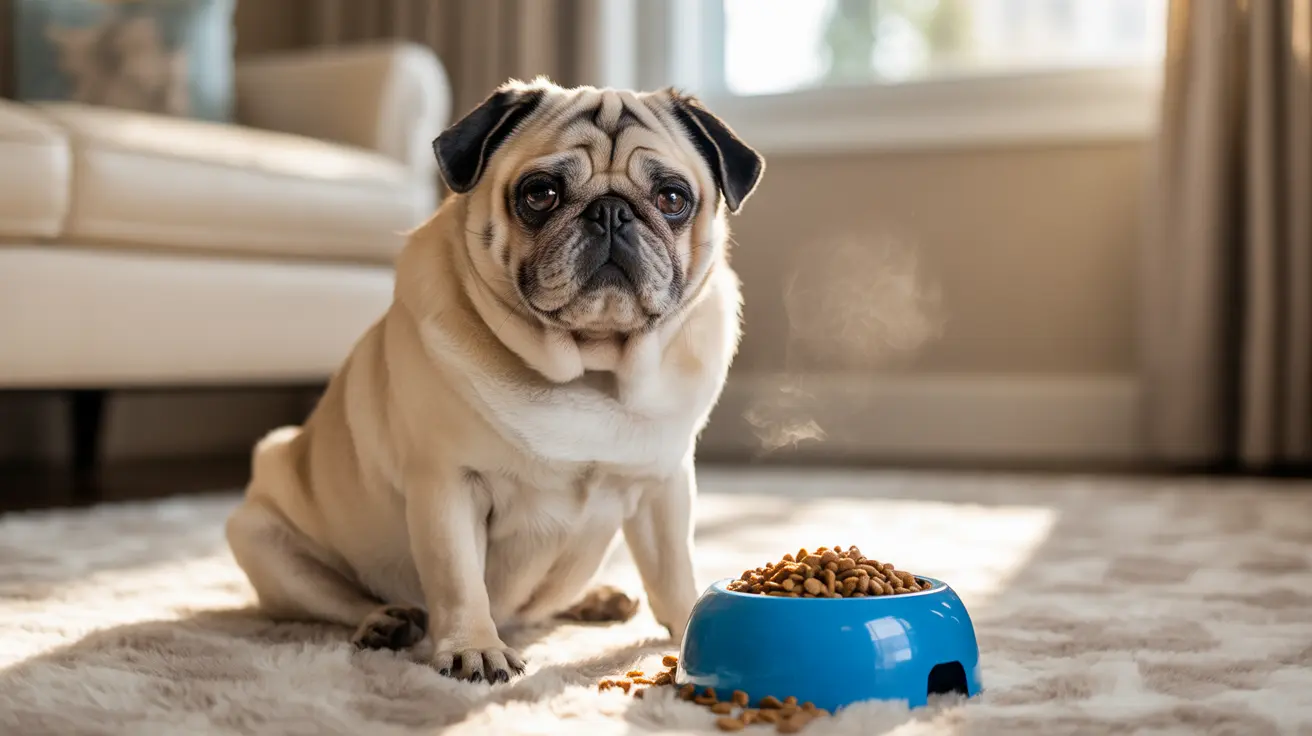 A fawn-colored Pug sitting on a soft carpet near a blue food bowl filled with kibble