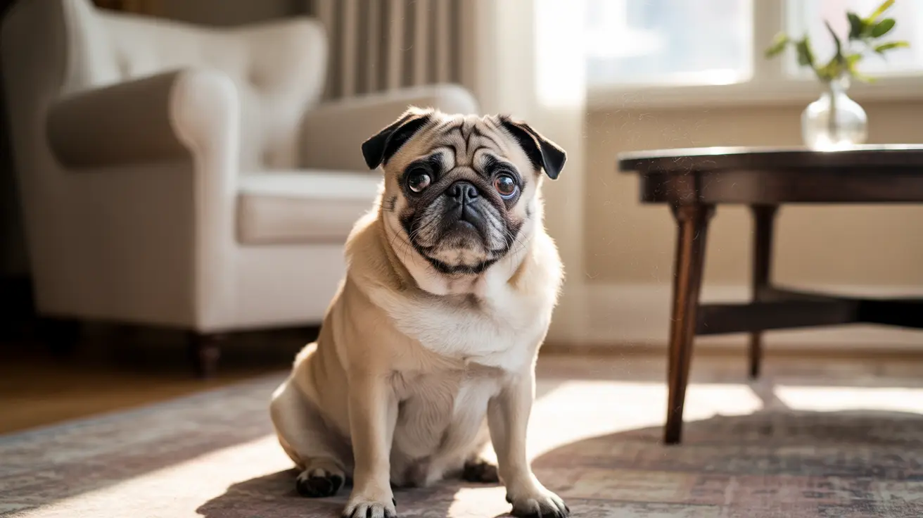 Pug sitting calmly on a patterned rug in a bright living room