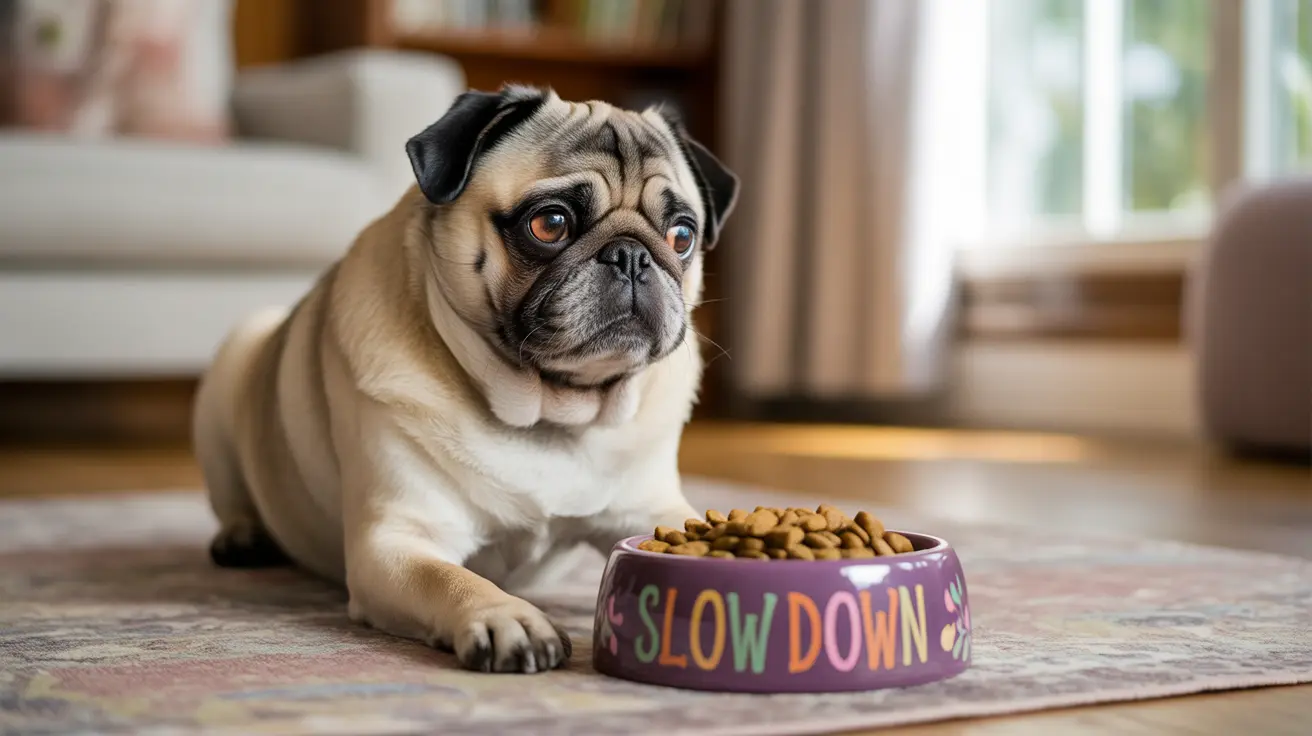 A fawn-colored pug sitting next to a purple 'Slow Down' food bowl filled with kibble