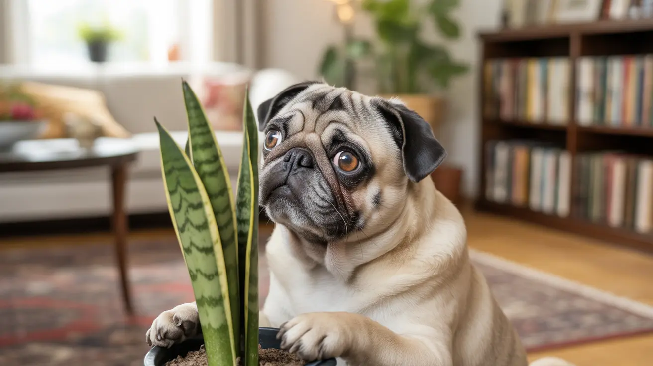 A fawn-colored Pug sitting next to a snake plant indoors with a bookshelf in the background