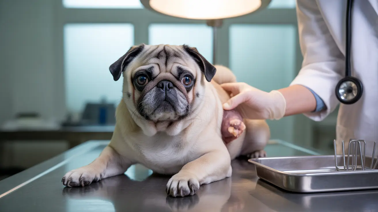 A fawn-colored Pug sitting on an examination table during a veterinary check-up