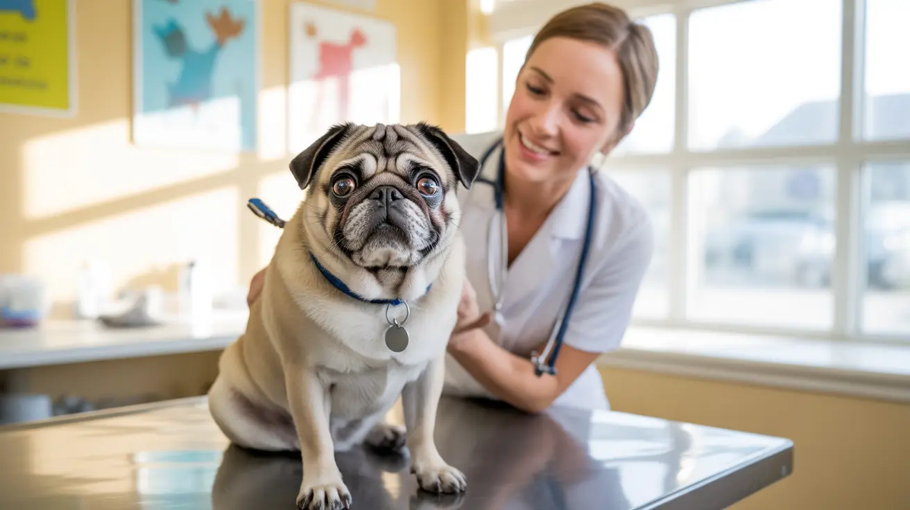 A Pug sitting on an examination table with a veterinarian smiling behind it