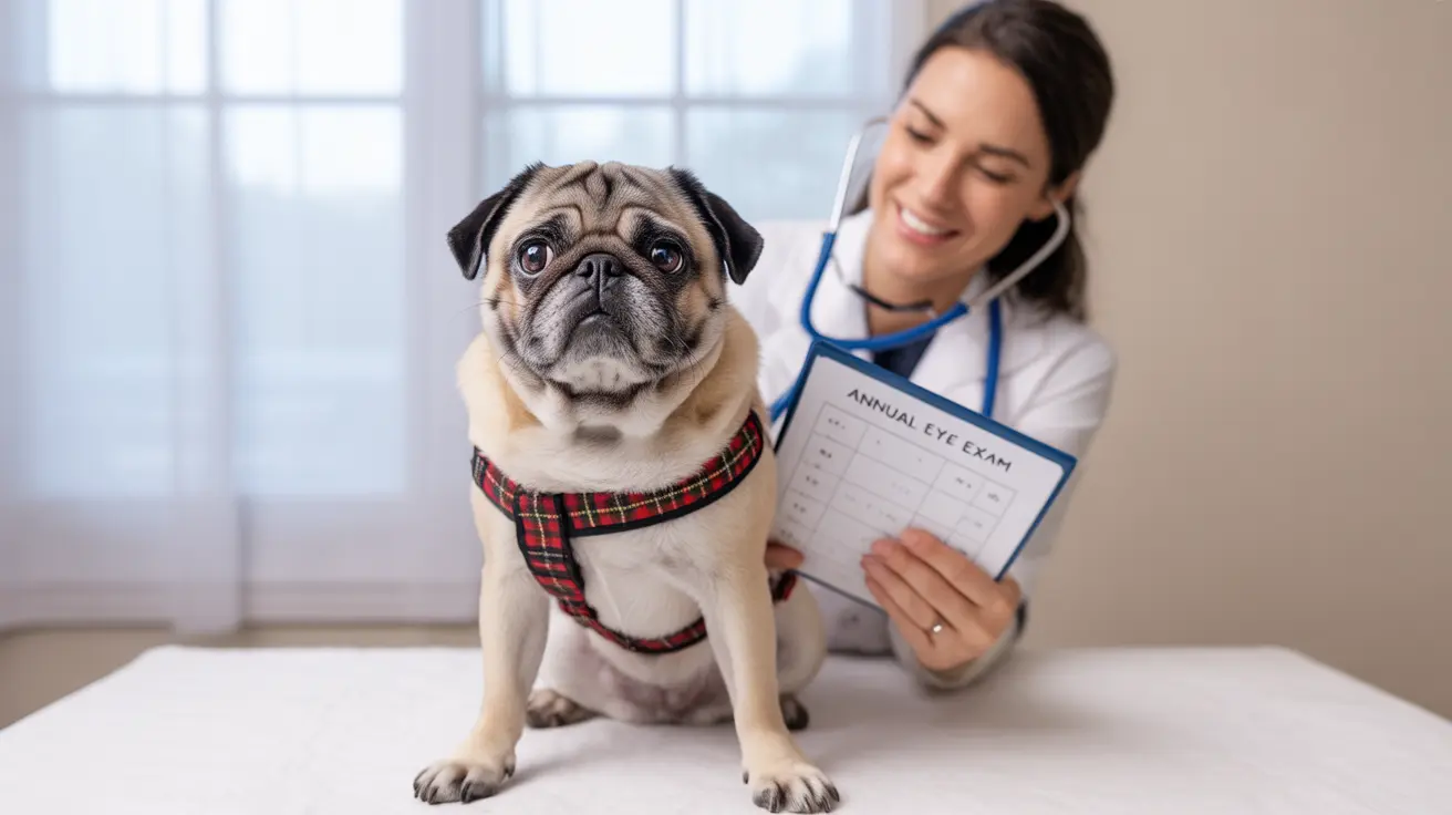 A Pug dog receiving an annual eye exam from a veterinarian