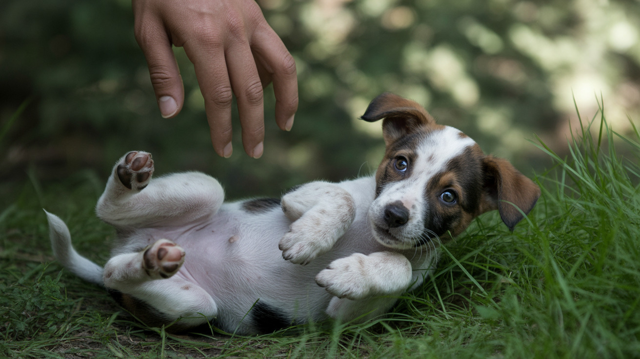 Um filhote de raça mista pequeno deitado de costas na grama enquanto uma mão humana se aproxima para interagir com ele