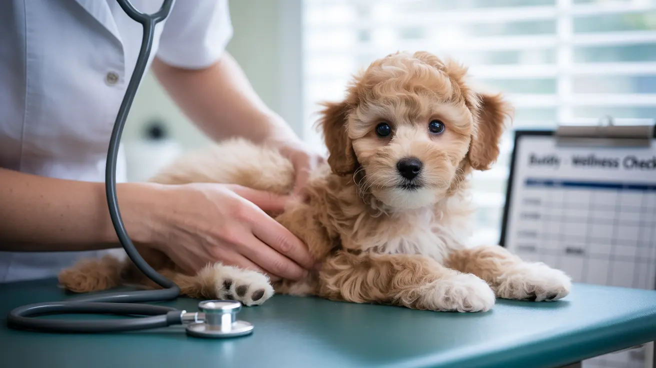 A fluffy, curly-haired puppy receiving a veterinary examination on a medical table