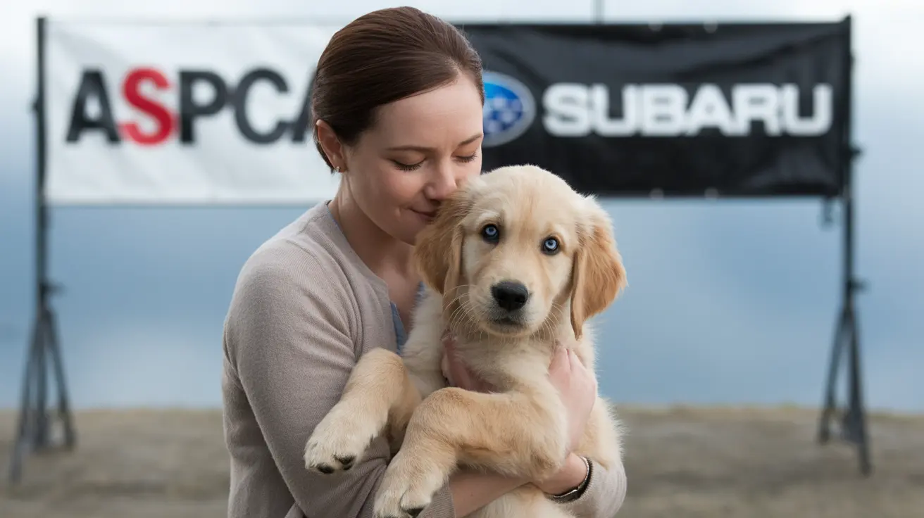 Subaru vehicle with pets and adoption event banner supporting shelter animals
