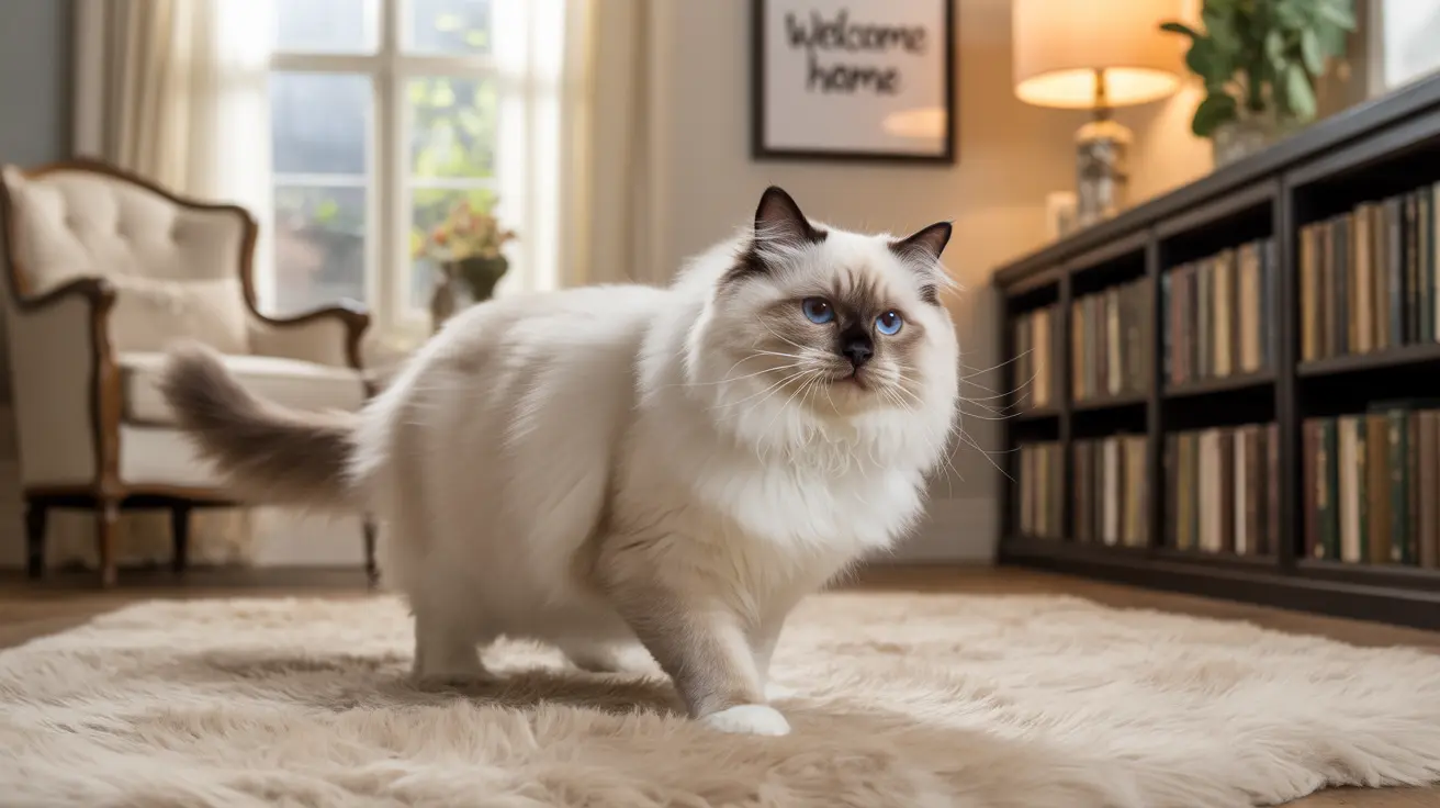 A pristine white Ragdoll cat with blue eyes on a fur rug in a cozy home