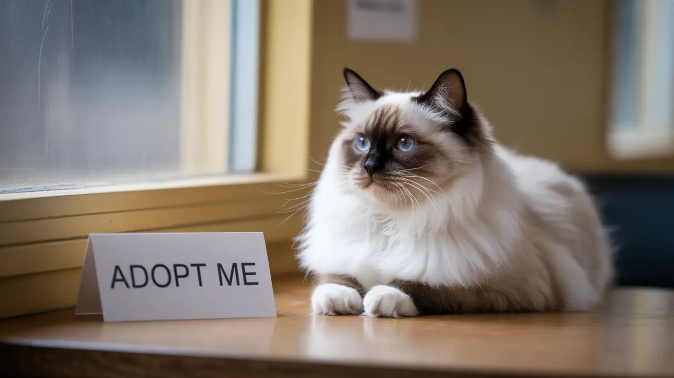 Una hermosa gata Ragdoll sentada junto a un cartel que dice 'Adopta Me', mirando a la cámara con ojos azules impresionantes.