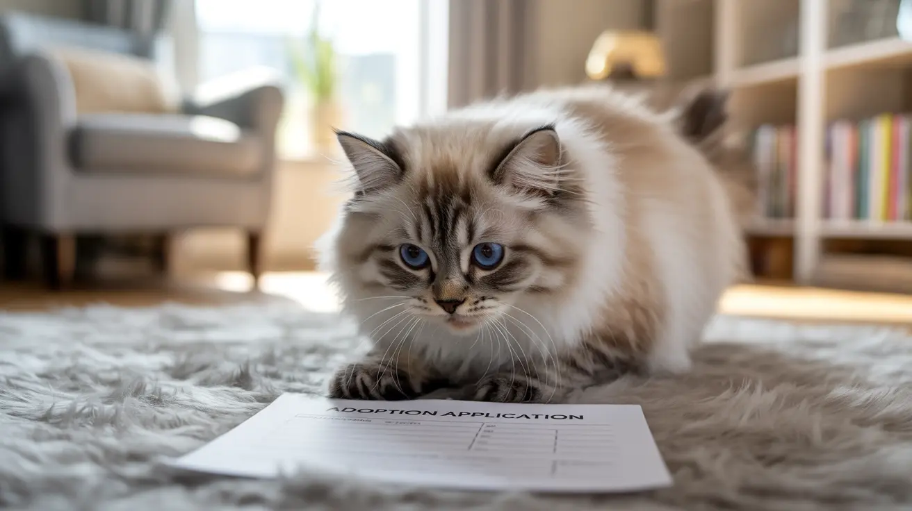 A fluffy white and gray Ragdoll cat sitting on a soft rug next to an adoption application form